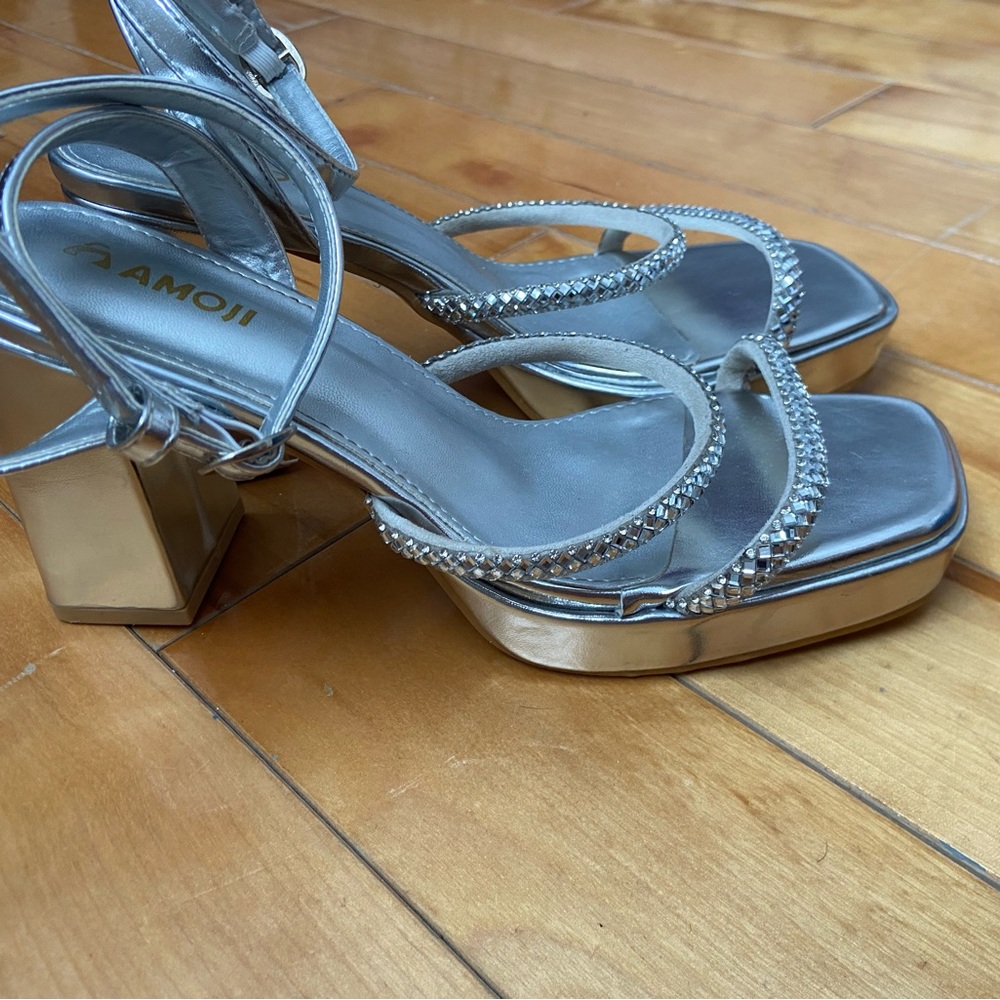 Silver Rhinestone Block Heel Sandals